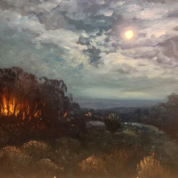 Schilderij getiteld "The Fire at Night" door Christopher Vidal, Origineel Kunstwerk, Olie