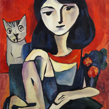 Painting titled "a girl with a cat a…" by Christos Baloukos, Original Artwork, Acrylic