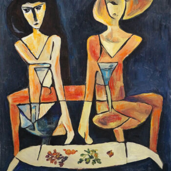 Malarstwo zatytułowany „Two girls drink wine” autorstwa Christos Baloukos, Oryginalna praca, Akryl