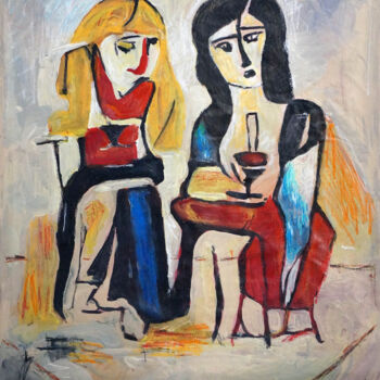 Malarstwo zatytułowany „Two girls drinking…” autorstwa Christos Baloukos, Oryginalna praca, Akryl