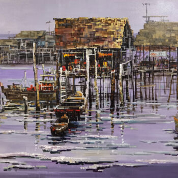 Malerei mit dem Titel "Fishing village res…" von Chunlei Zhang, Original-Kunstwerk, Öl Auf Keilrahmen aus Holz montiert