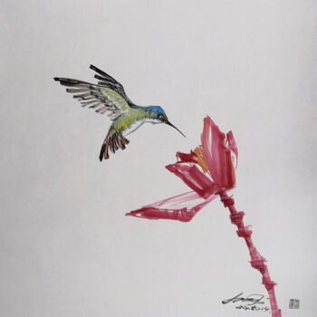 Drawing titled "Olive-backed Sunbir…" by Chunlei Zhang, Original Artwork, Ink Mounted on Wood Stretcher frame