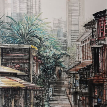 Drawing titled "Boat Quay 驳船码头" by Chunlei Zhang, Original Artwork, Ink