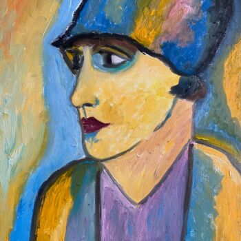 Schilderij getiteld ""Le chapeau bleu ..…" door Claire Marie Gay, Origineel Kunstwerk, Olie Gemonteerd op Houten paneel
