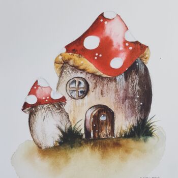 Painting titled "Mushroom House - Or…" by Clara Monnerot (L'Atelier Clara Del Sol), Original Artwork, Watercolor