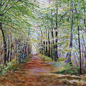 Painting titled "L'ALLEE FORESTIERE…" by Claude Evrard, Original Artwork, Oil Mounted on Wood Stretcher frame