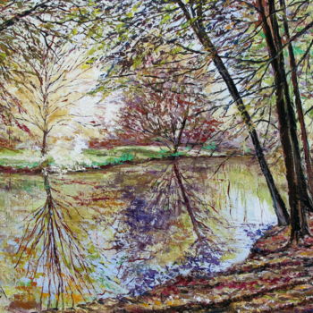 Painting titled "REFLETS D'AUTOMNE" by Claude Evrard, Original Artwork, Oil Mounted on Wood Stretcher frame