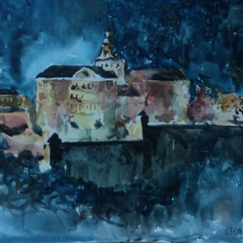 Peinture intitulée "L'abbaye la nuit" par Claude Hardenne, Œuvre d'art originale, Aquarelle