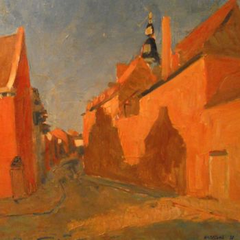 Peinture intitulée "Mons; une rue au so…" par Claude Hardenne, Œuvre d'art originale