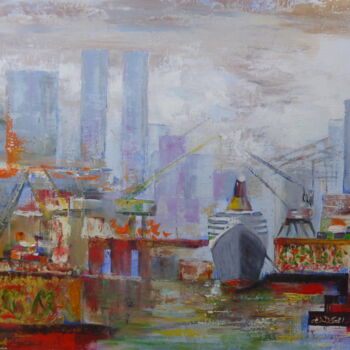 Painting titled "Bateau dans le port…" by Claude Julia (CJULIA), Original Artwork, Oil