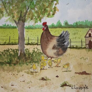 Schilderij getiteld "poule et poussins" door Claude Lacointe, Origineel Kunstwerk, Aquarel