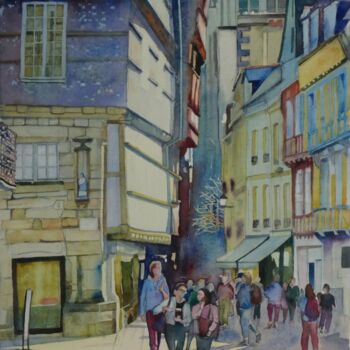 Pintura intitulada "Quimper, rue Kéréon" por Claude Marchalot, Obras de arte originais, Aquarela Montado em Outro painel ríg…