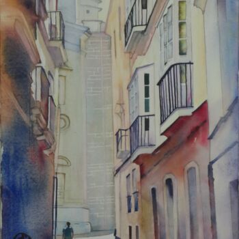 Painting titled "Cadix calle San Juan" by Claude Marchalot, Original Artwork, Watercolor