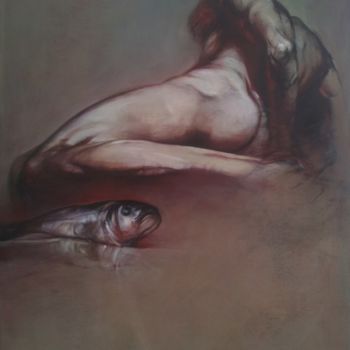 Painting titled "HOMME et POISSON 93…" by Claude Duvauchelle, Original Artwork, Acrylic Mounted on Wood Stretcher frame
