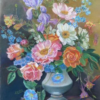 Dessin intitulée "bouquet d'après Alb…" par Claudine Marquet, Œuvre d'art originale, Pastel