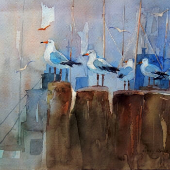 图画 标题为“Sea Birds at the Pi…” 由Clement Tsang, 原创艺术品, 水彩
