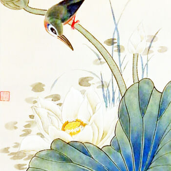 Pintura titulada "Bird on Lotus" por Clement Tsang, Obra de arte original, Acuarela