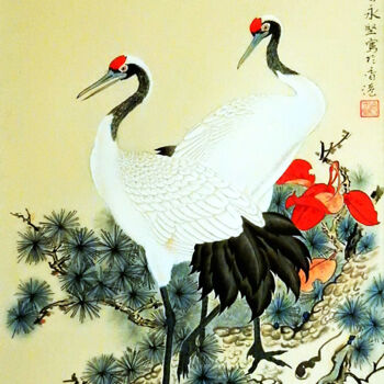 Malerei mit dem Titel "Red Top Crane on Pi…" von Clement Tsang, Original-Kunstwerk, Aquarell