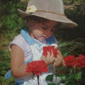 Pintura intitulada "Apreciando as Rosas." por Clodoaldo Martins, Obras de arte originais, Óleo