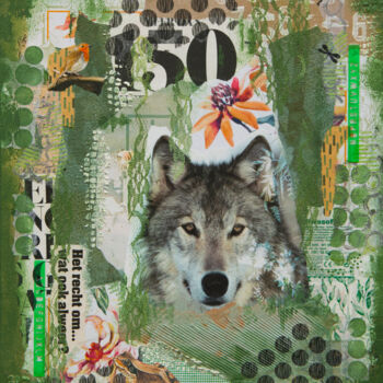 「Wolf」というタイトルのコラージュ Cora Westerinkによって, オリジナルのアートワーク, コラージュ ウッドストレッチャーフレームにマウント