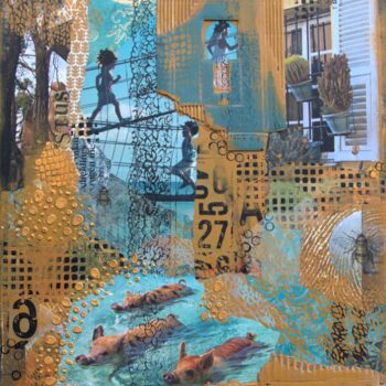 Collages titulada "Geluk" por Cora Westerink, Obra de arte original, Collages Montado en Panel de madera