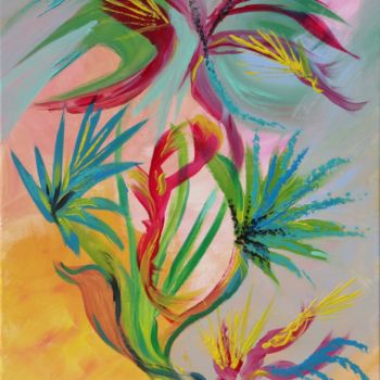 Peinture intitulée "Fleurs tropicales" par Myriam Courty, Œuvre d'art originale, Acrylique Monté sur Châssis en bois
