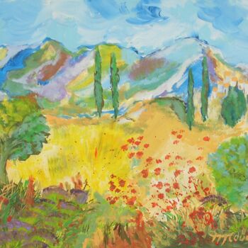 Painting titled "les alpilles" by Myriam Courty, Original Artwork, Acrylic Mounted on Wood Stretcher frame