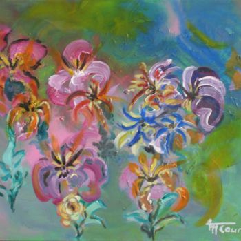 Malarstwo zatytułowany „Orchidées et lys” autorstwa Myriam Courty, Oryginalna praca, Akryl Zamontowany na Drewniana rama nos…