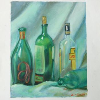 Schilderij getiteld "Bodegón con botella…" door Cristina Del Rosso, Origineel Kunstwerk, Olie