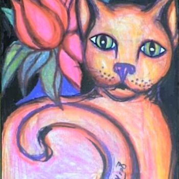 Painting titled "Le chat intrigué" by L'Homme Aux Pieds De Caoutchouc, Der Man, Original Artwork