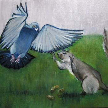 Malarstwo zatytułowany „Pigeon vs squirrel” autorstwa Cyril Harris, Oryginalna praca, Olej