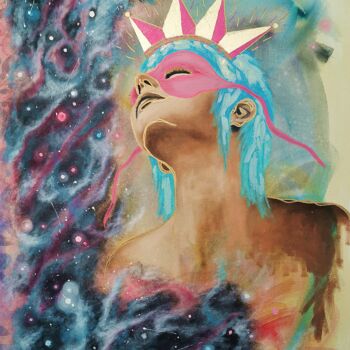 Schilderij getiteld "Cosmic girl." door Daheaven Art, Origineel Kunstwerk, Olie Gemonteerd op Frame voor houten brancard