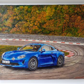 Painting titled "Alpine A110" by Daisy Schneider, Original Artwork, Oil Mounted on Wood Stretcher frame