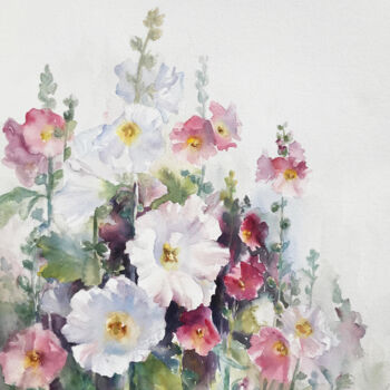 제목이 "Les roses trémières…"인 미술작품 Danièle Fraboulet로, 원작, 수채화