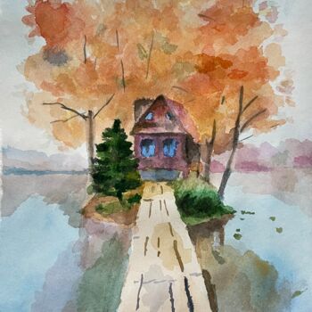 Картина под названием "Домик у озера" - Даниил Кудряшов, Подлинное произведение искусства, Акварель