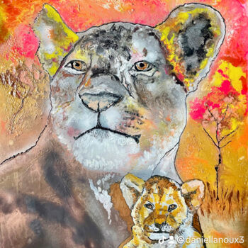 Painting titled "lionne" by Daniel Lanoux, Original Artwork, Acrylic Mounted on Wood Stretcher frame