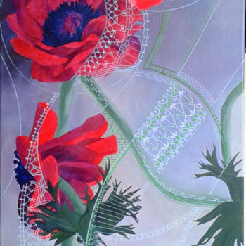 Pintura titulada "Anémone rouge" por Dany Masson, Obra de arte original, Oleo Montado en Bastidor de camilla de madera