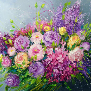 Malarstwo zatytułowany „A bouquet of roses…” autorstwa Olha, Oryginalna praca, Olej Zamontowany na Drewniana rama noszy