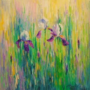 Painting titled "Irises in field" by Olha, Original Artwork, Oil