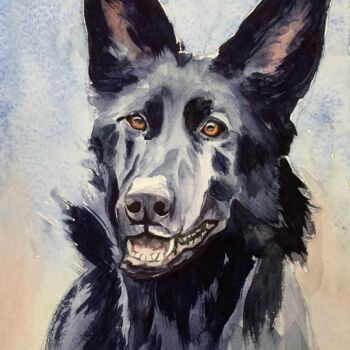Painting titled "Black dog" by Daria Kamishanova, Original Artwork, Watercolor