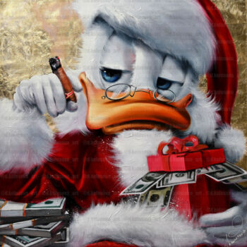 Painting titled "Giclee Santa Duck" by Daria Kolosova, Original Artwork, Oil Mounted on Wood Stretcher frame