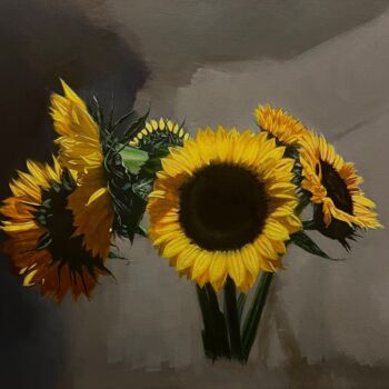 Painting titled "Sunflowers" by Dario Cavicchioni, Original Artwork, Oil Mounted on Wood Stretcher frame