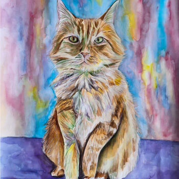 Rysunek zatytułowany „Orange cat original…” autorstwa Darya Moisseyeva, Oryginalna praca, Akwarela