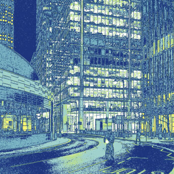 Digitale Kunst mit dem Titel "Canary Wharf Evening" von Dave Collier, Original-Kunstwerk, Manipulierte Fotografie