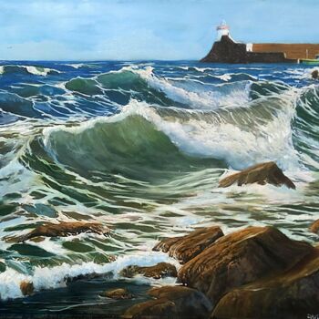 Painting titled "Stormy seas at Balb…" by David Donnelly, Original Artwork, Oil Mounted on Wood Panel