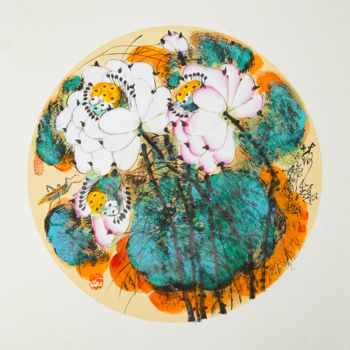 Malerei mit dem Titel "Fun in the lotus po…" von Dayou Lu, Original-Kunstwerk, Pigmente