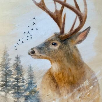 Painting titled "Proud deer" by Deborah Kerner, Original Artwork, Acrylic Mounted on Wood Stretcher frame