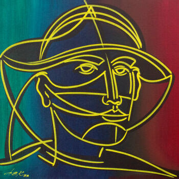 Картина под названием "yellow face with hat" - Dek, Подлинное произведение искусства, Акрил Установлен на Деревянная рама дл…