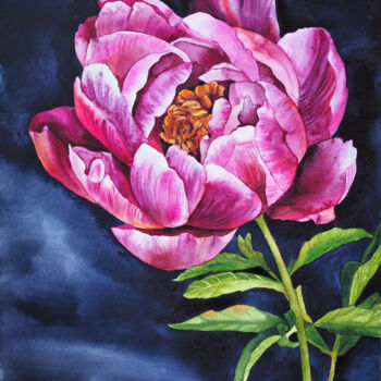 Pintura intitulada "Peony on darkness l…" por Delnara El, Obras de arte originais, Aquarela