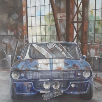 Painting titled "ford mustang" by Philippe Demory, Original Artwork, Oil Mounted on Wood Stretcher frame